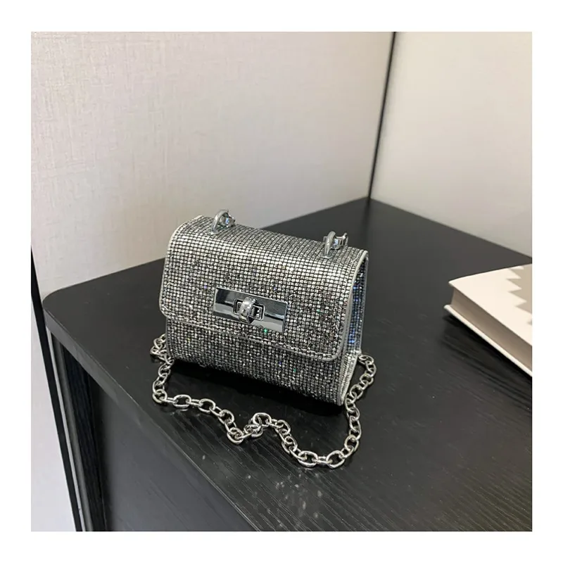 Full of Diamonds Small Square PU Shoulder Bags Compact Sense of Luxury Super Cool Chains Crossbody Bags for Women 2024 Brilliant