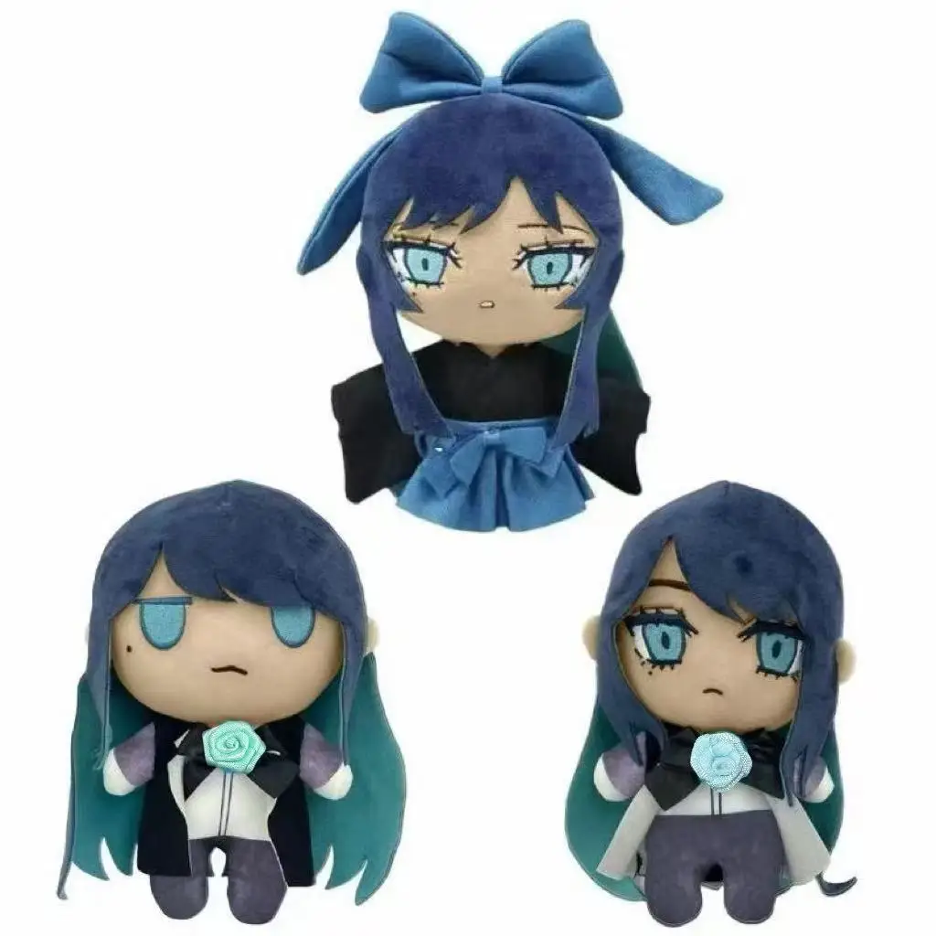 Anime Girl Plush Doll Soft Stuffed Figure Toy Dark‑Blue Hair With Rose Brooch Kawaii Collectible Plushie Home Decoration Gift fo