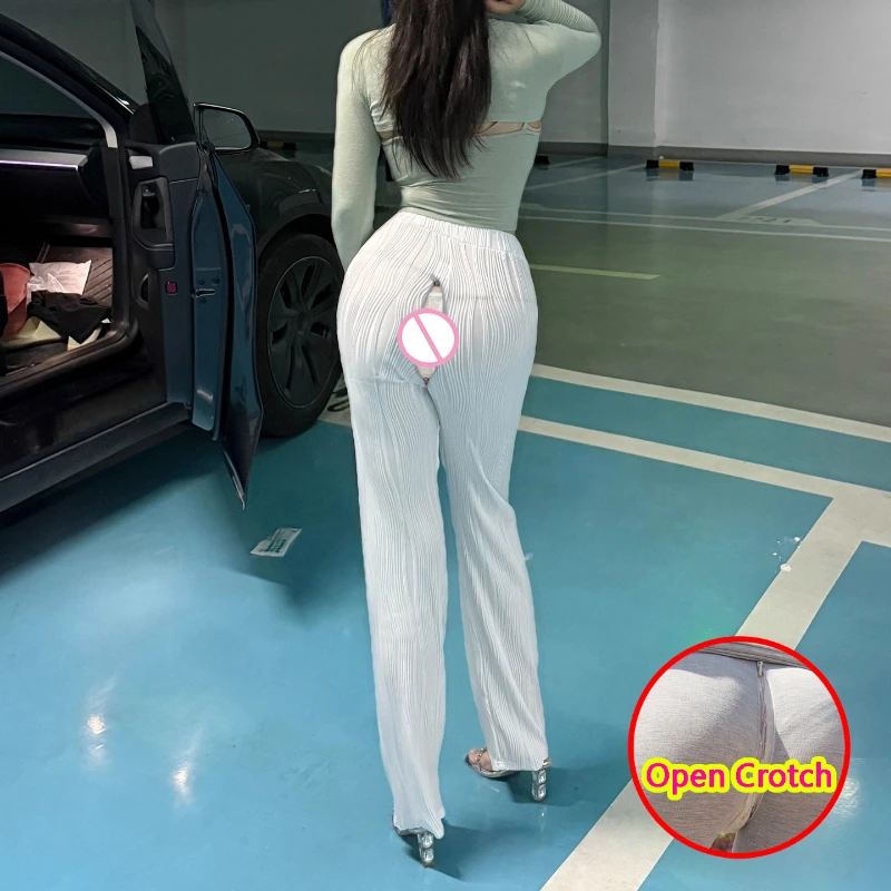 

Women Open Crotch Leggings See Through Sexy Striped White Zipper Pants Summer Lightwear Crotchless Clubwear Wide Leg Trousers