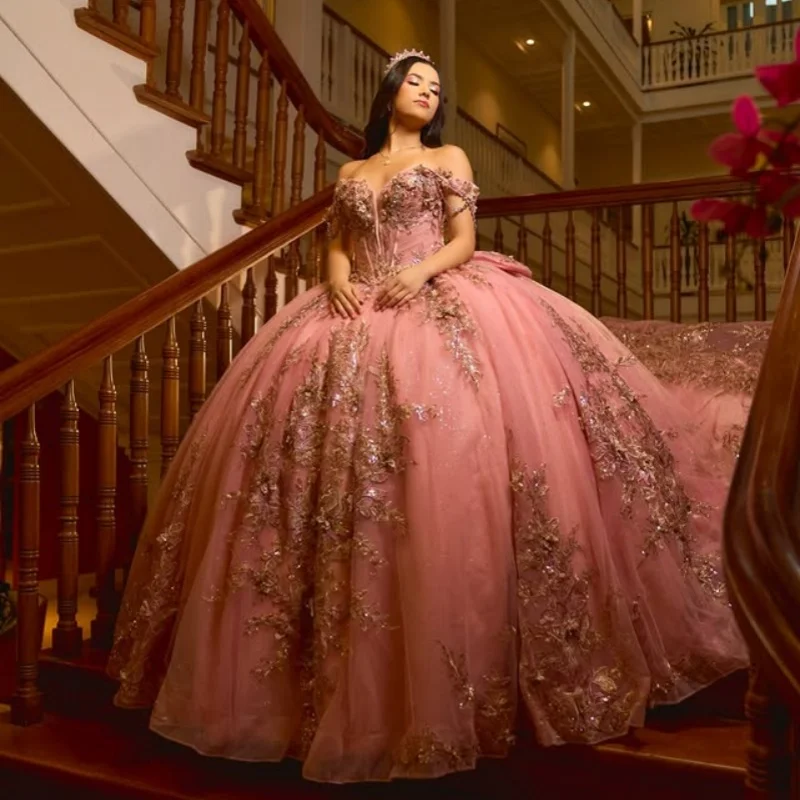 

Pink Quinceanera Dresses off-shoulder Golden Glitter Flower Crystal Decal Long tail Bow Vestido De 15 Quinceanera Customize