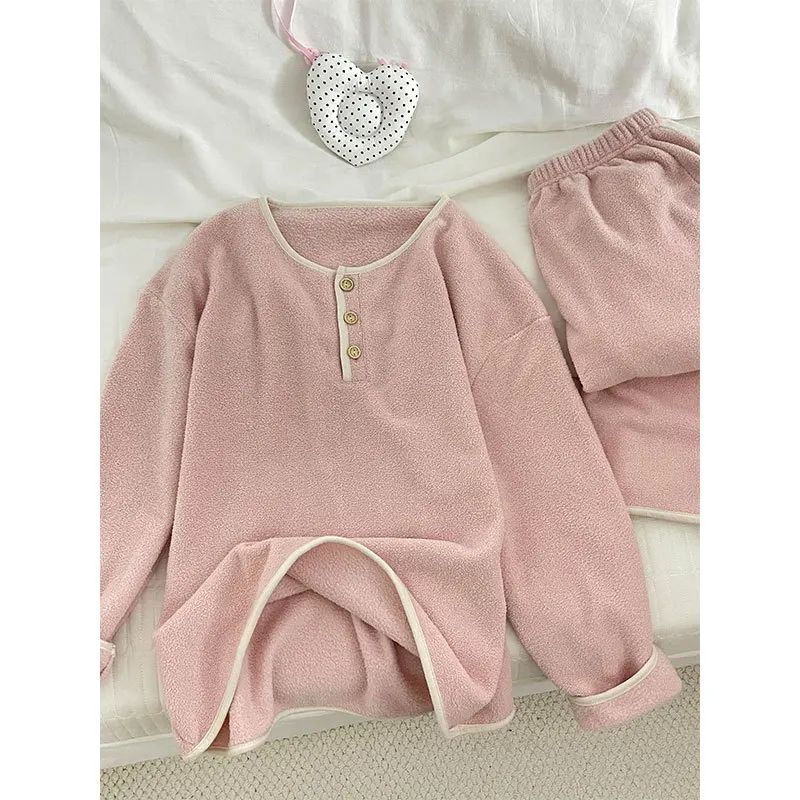 الوردي نصف الصوف المرأة الشتاء مجموعة اللون منعت زر تقليم بأكمام طويلة أعلى + السراويل الطويلة الصوف سميكة منامة 2 قطعة مجموعة. #1