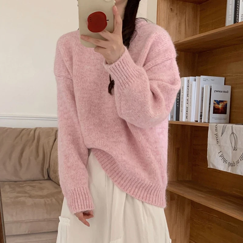 Suéteres tejidos de cuello redondo de Color caramelo para mujer, prendas de punto de manga larga para otoño e invierno, jerséis holgados sencillos que combinan con todo
