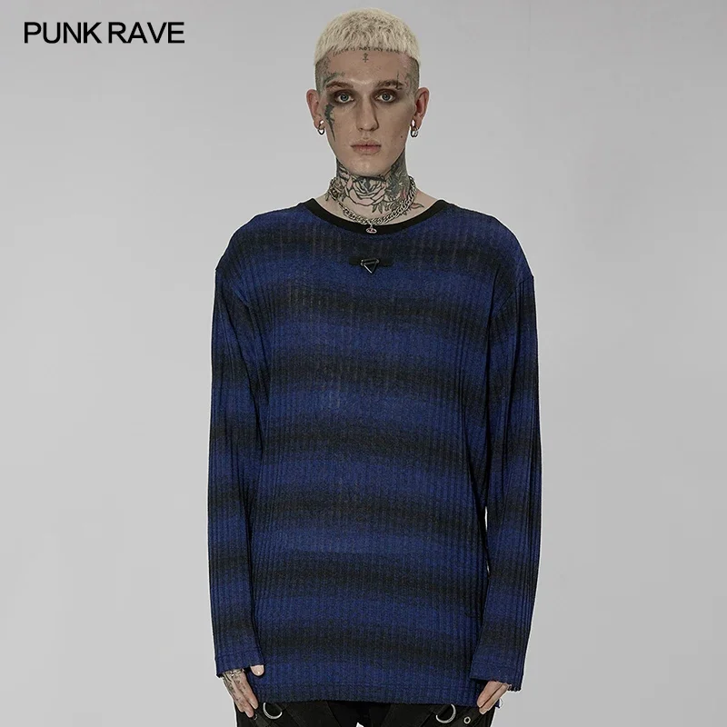 PUNK RAVE Men\'s Punk Daily Simple Loose Stripe Sweater Fashion Cool Street Tops Metal Buckle Decoration Four Colors