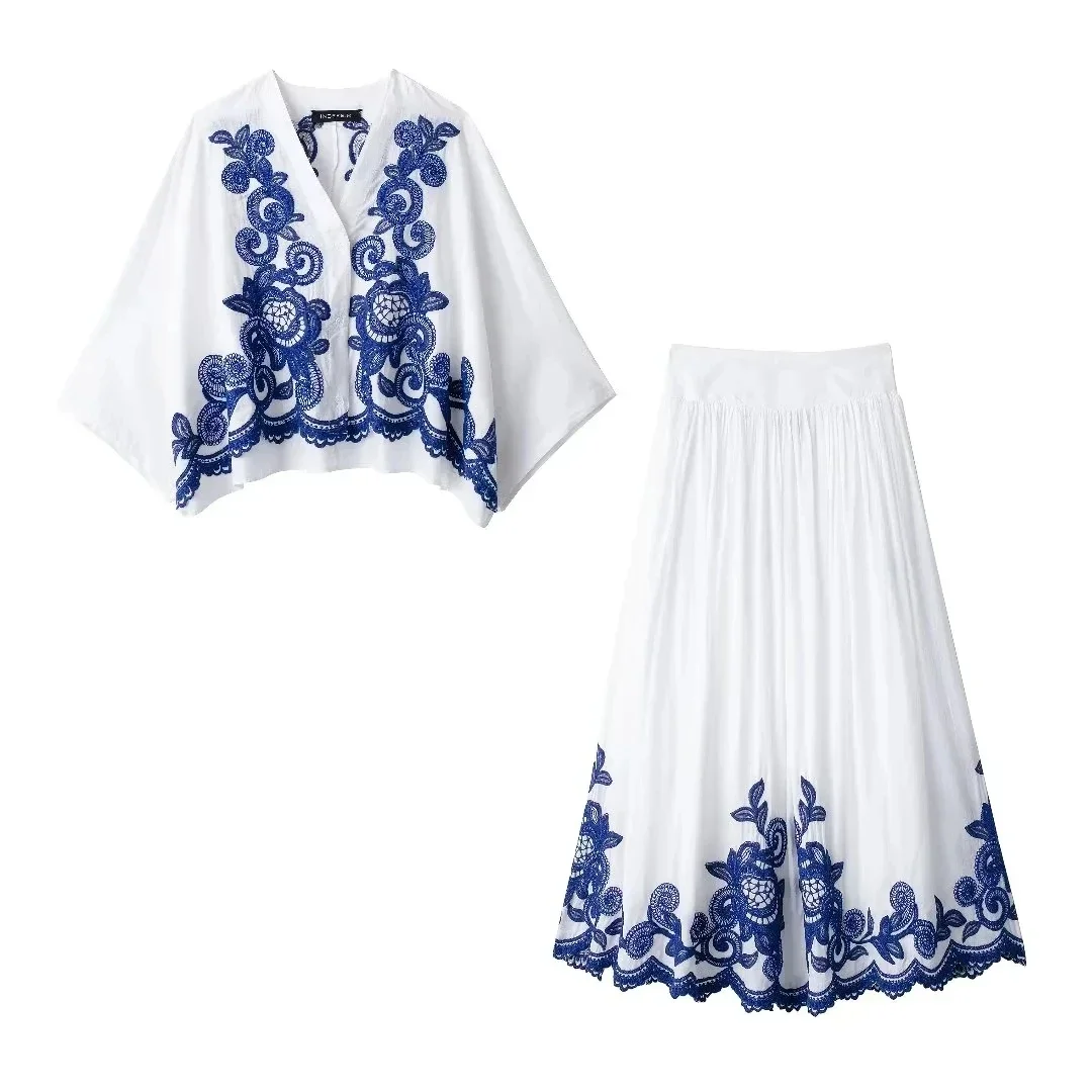 

Summer 2 Piece Pleated Skirt SeT Embroidery V Neck Shirt Long Skirts for Women Shirt Suit Casual Loose Elegant Woman Blouses Set