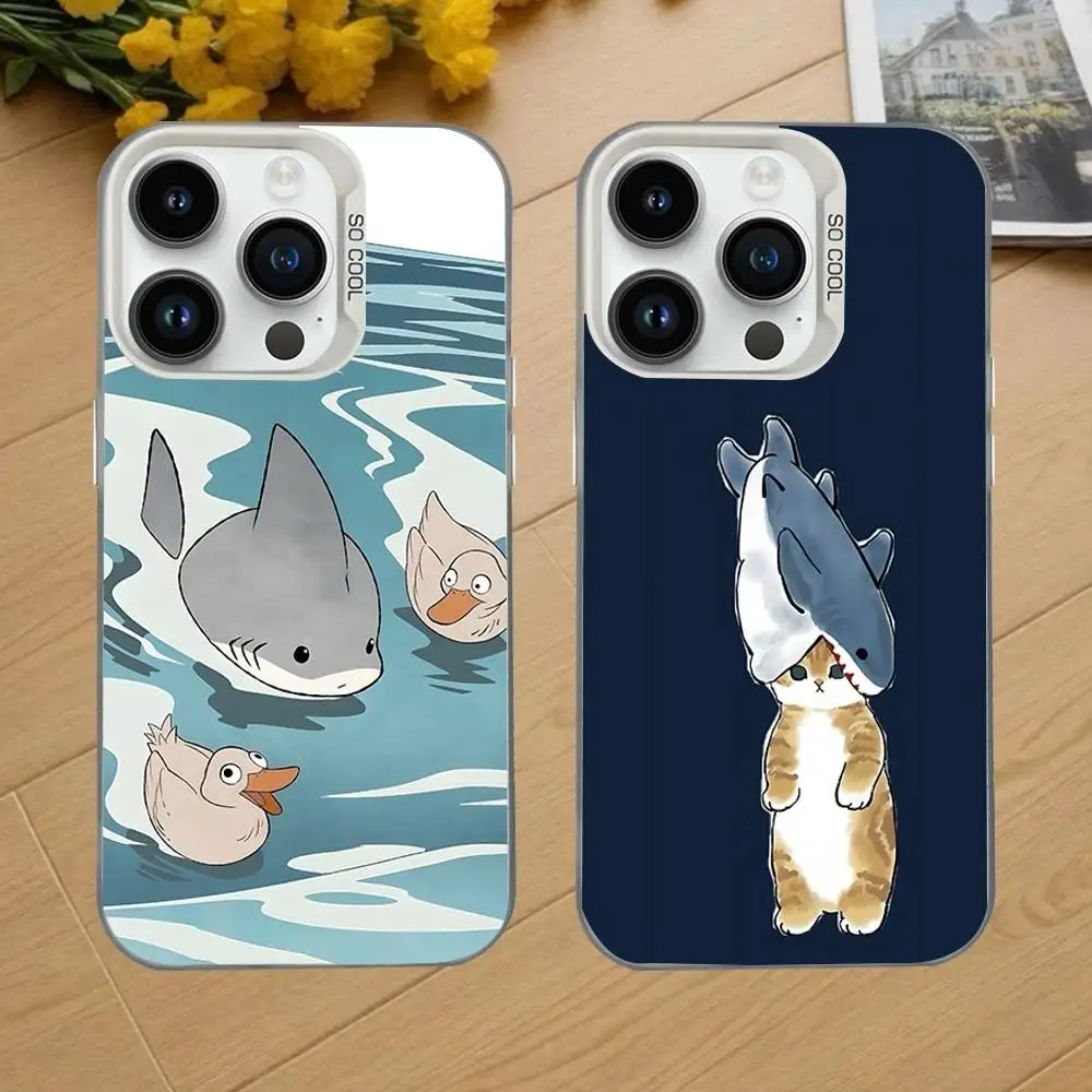 

Cute Cartoon Blue Shark Phone Case For iPhone 16,15,14,13,12,11,Mini,Pro,SE,MAX White Matte Shockproof Cover