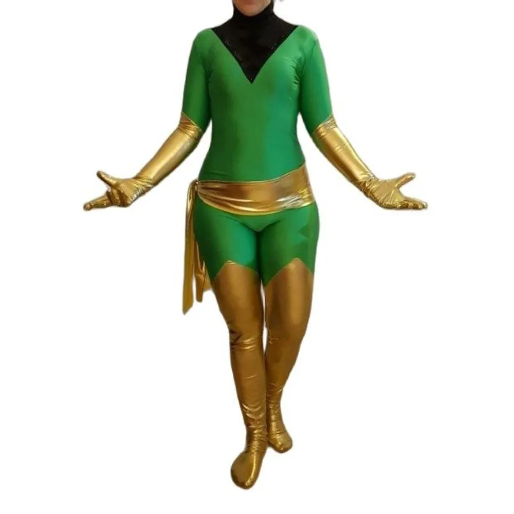 Groen En Glanzend Goud Cosplay Catsuit Meisjes Spandex Zentai Bodysuit Halloween Jumpsuit Unisex Outfit Feest Verkleedkleding