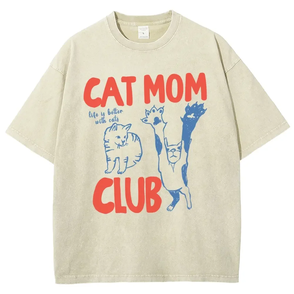 Unisex Soft Washed Cotton Tshirt - Casual Chic Comfort Fit Fabric Top, Cat Mom Club Mother's Day/Mommy Birthday Gift, Lightweight Blessed Mama Graphic Everyday Apparel,sohochic
