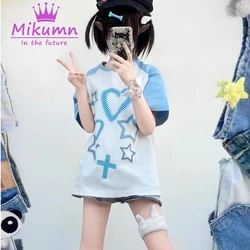 Harajuku T-Shirt Vrouwen Grunge Tee Japanse Meisjes Kawaii Blauwe Ster Print T-Shirts Student Korte Mouw Casual Zomer Losse Tops
