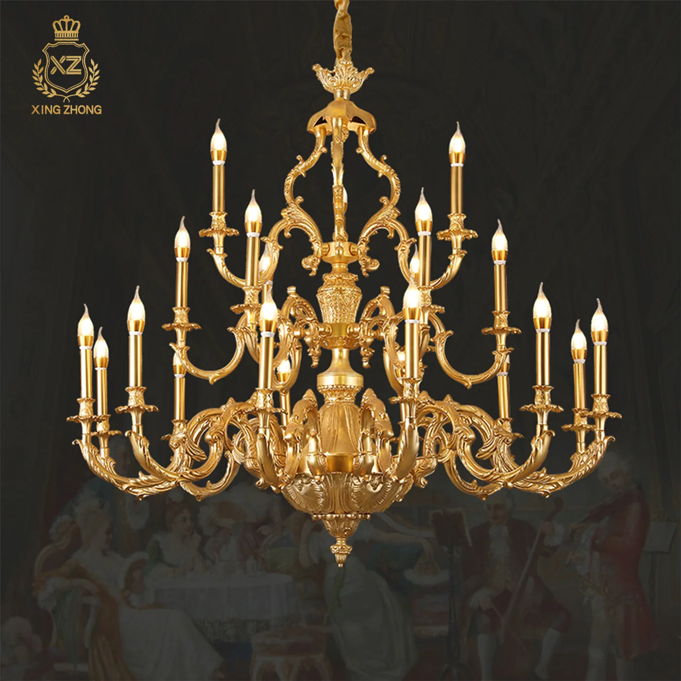 French Royal Retro Villa Duplex Decor Dewaxed Copper Chandelier Banquet Hall Living Room Candle Large Pendant Light
