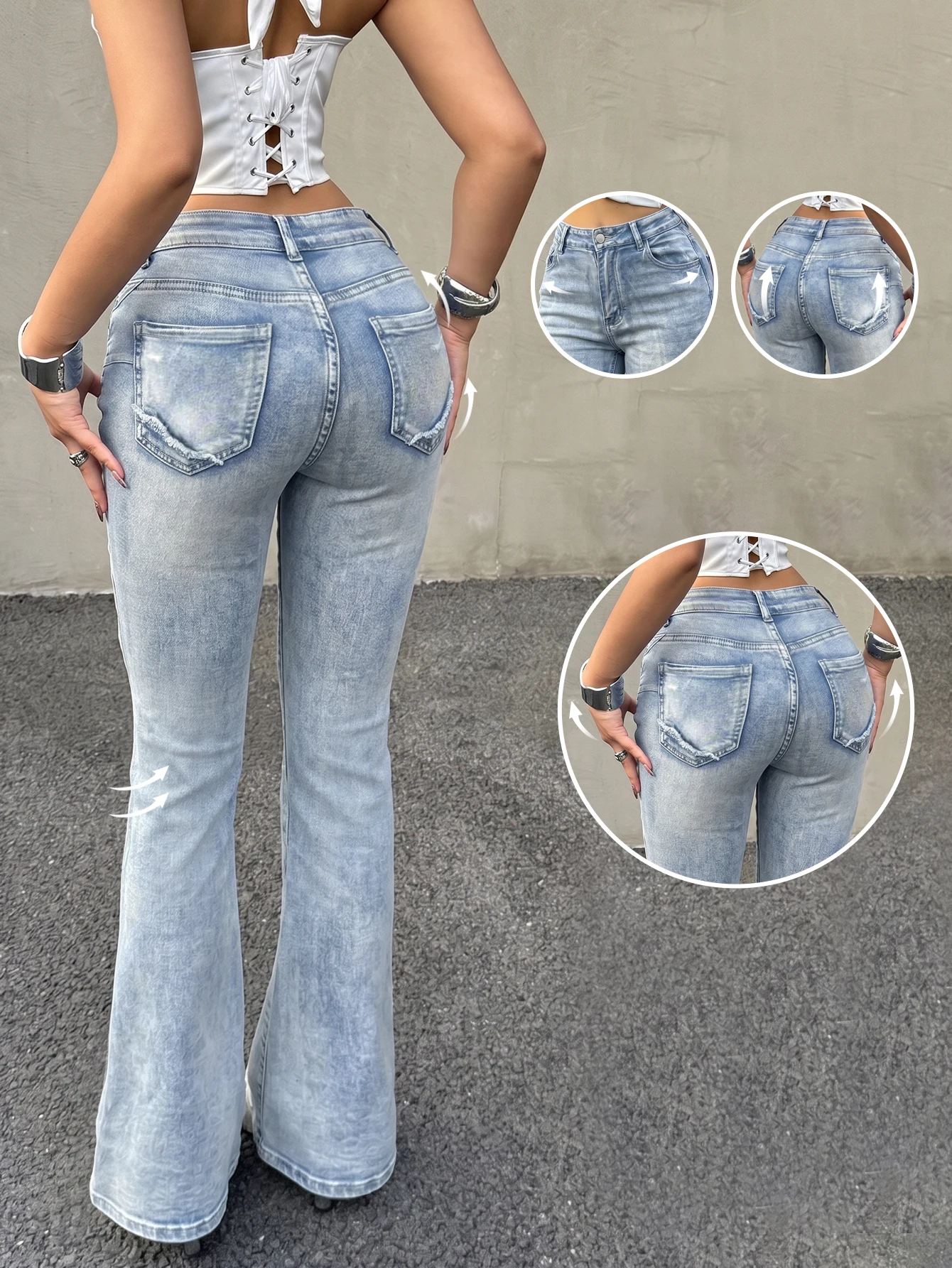 Women Mid Rise Medium Stretch Flare Jeans Light Wash Slim Fit Denim Pants Vintage Bootcut Trousers