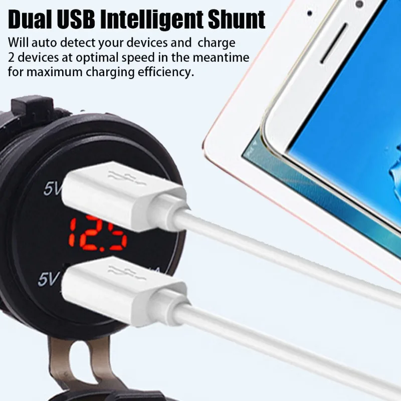 Dual USB Car Charger DC12-24V Battery Health Monitoring Digital Display Charger Car Motorcycle Charger Socket with Dust Cover