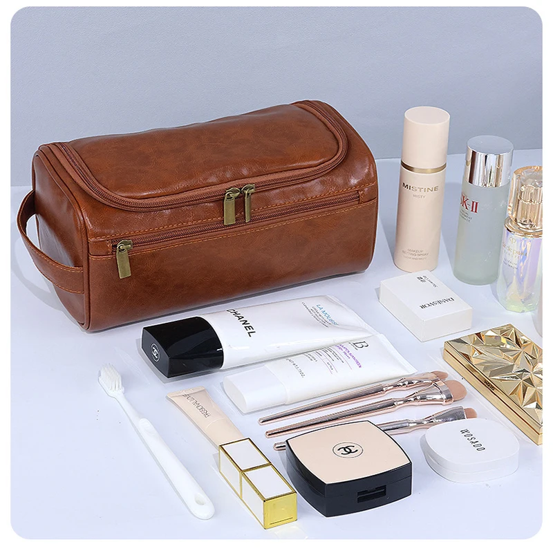 Leather Men Business Portable Toiletry Bag Hanging Toiletry Women Travel Large Storage Cosmetic Bag Waterproof Wash Pouch