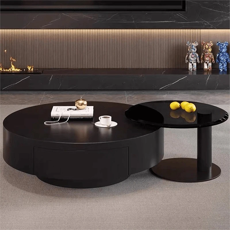 apartment new home light luxury high-end Italian minimalist round pure black coffee table combination stainless steel