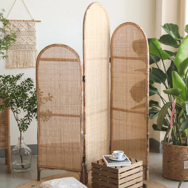 Handmade partition bedroom in American country, covered, folded, moved, lonely, retro living room rattan screen.