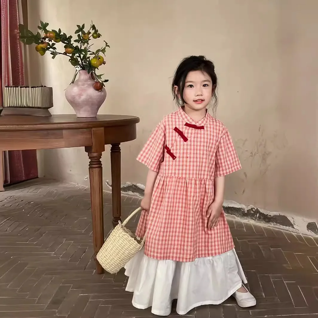 Girl Dress 2024 Summer National Style Dress Plaid Cheongsam Girl Plaid Skirt Children Chinese Dress Baby Girl Plaid Skirts