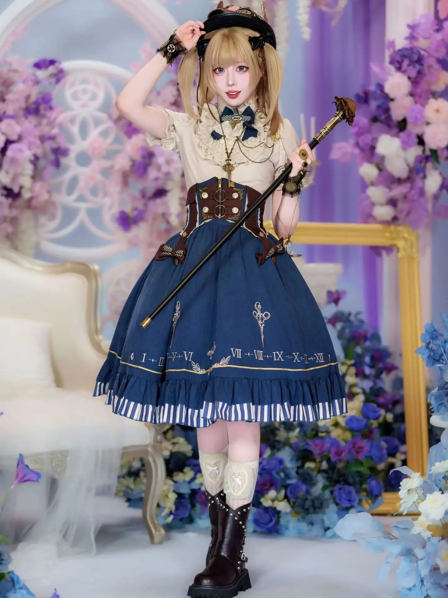 Vintage Elegant Lolita 3-Piece Outfit Short Sleeve Top + Waist Cincher + High Waist Midi Skirt Women Sweet Y2k Daily Summer Set