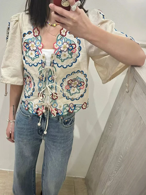 

Spring Summer ort Cotton Linen irt V Ne Embroidered Floral Hollow out Bow Tie French Sle Loose Fit Women's Blouse