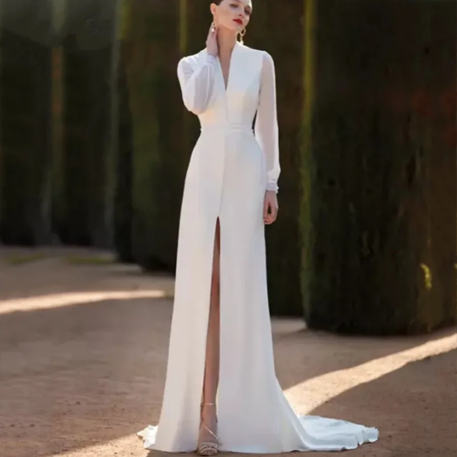 Sexy bruidsjurk met V-hals en zijsplitten Charmant uitgesneden rug Eenvoudige trouwjurken met lange mouwen Elegante vestidos de noiva