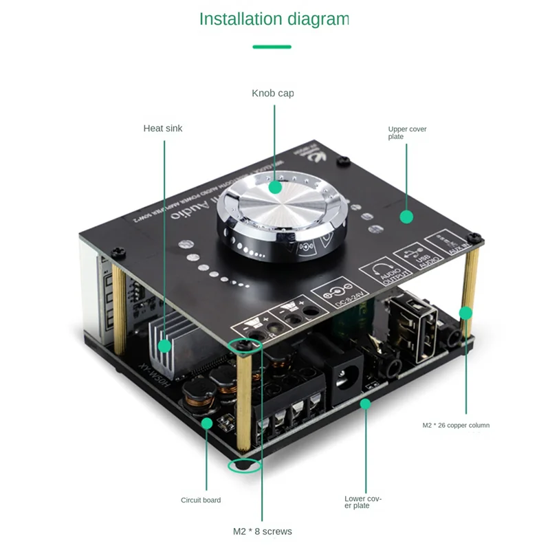 

T06C-XY-W50H HIFI Level 50Wx2 Stereo Bluetooth Digital Amplifier Module with WIFI Timing Clock BT5.0 Audio Module DC8-24V