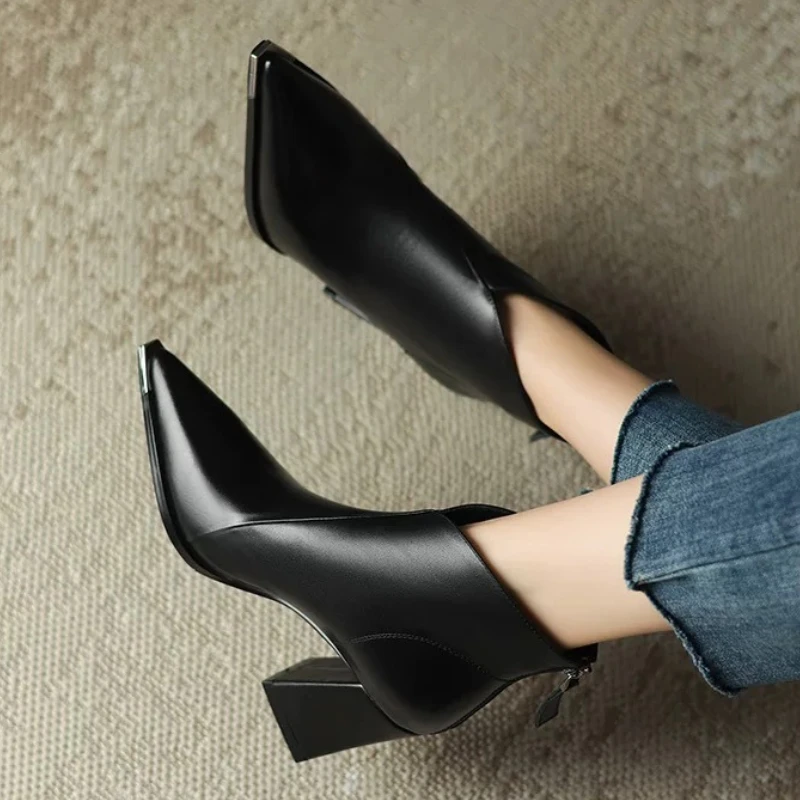 

Осень-зима, женские ботильоны с острым носком, модные элегантные короткие ботинки на молнии, женские повседневные ботинки на квадратном каблуке