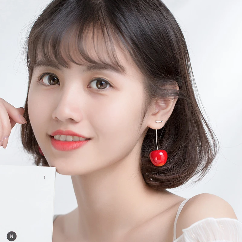 Modian Fruit Long Chain Earring for Women Fashion Genuine 925 Sterling Silver Cute Red Cherry Dangle Earring Fine Jewelry Bijoux