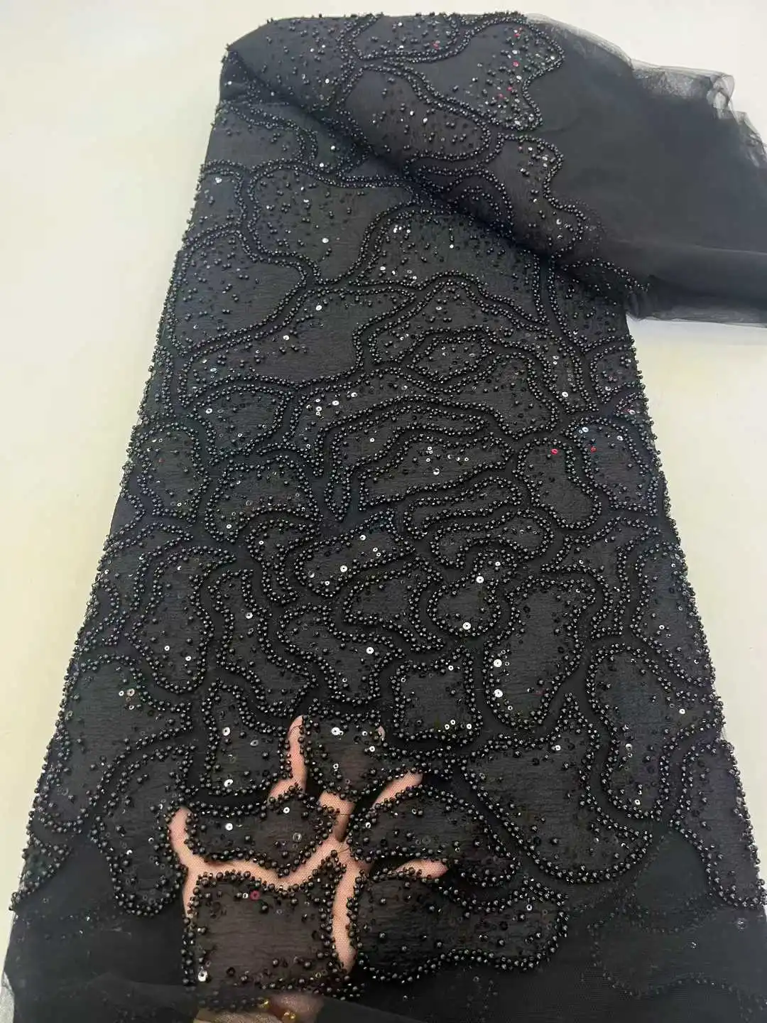 激安販売中！5ヤードのアフリカ製スパンコールビーズ付きレース、高品質刺繍入りフランス・ナイジェリア風チュールレース生地、ウェディングパーティードレス用