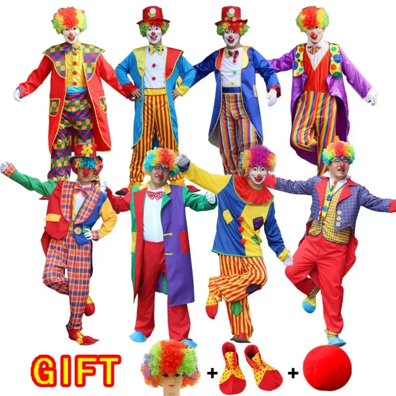 Volwassen Grappige Circus Clown Cosplay Kostuums Carnaval Party Show Met Pruik Schoenen Spons Neus Jurk Voor Mannen Vrouwen