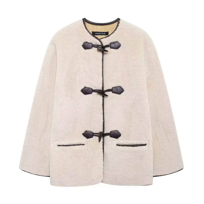 

Women With Leather Accents, Classic Casual Outerwear for Fall Winter Faux Toggle Front Jacket, Creamy Soft Fleece Coat