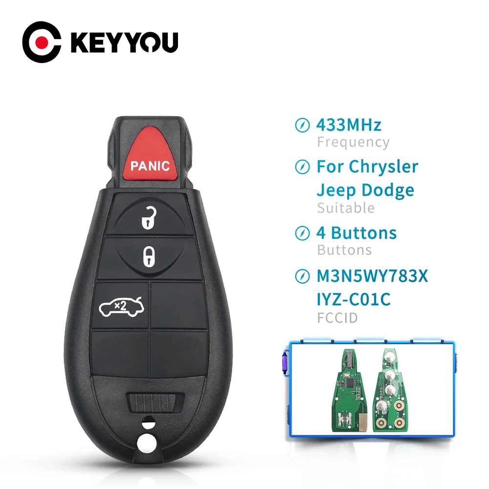 

KEYYOU 3 3+1 4 Buttons Remote Car Key For Dodge Challenger Charger Chrysler Jeep Frequency 433MHz M3N5WY783X IYZ-C01C