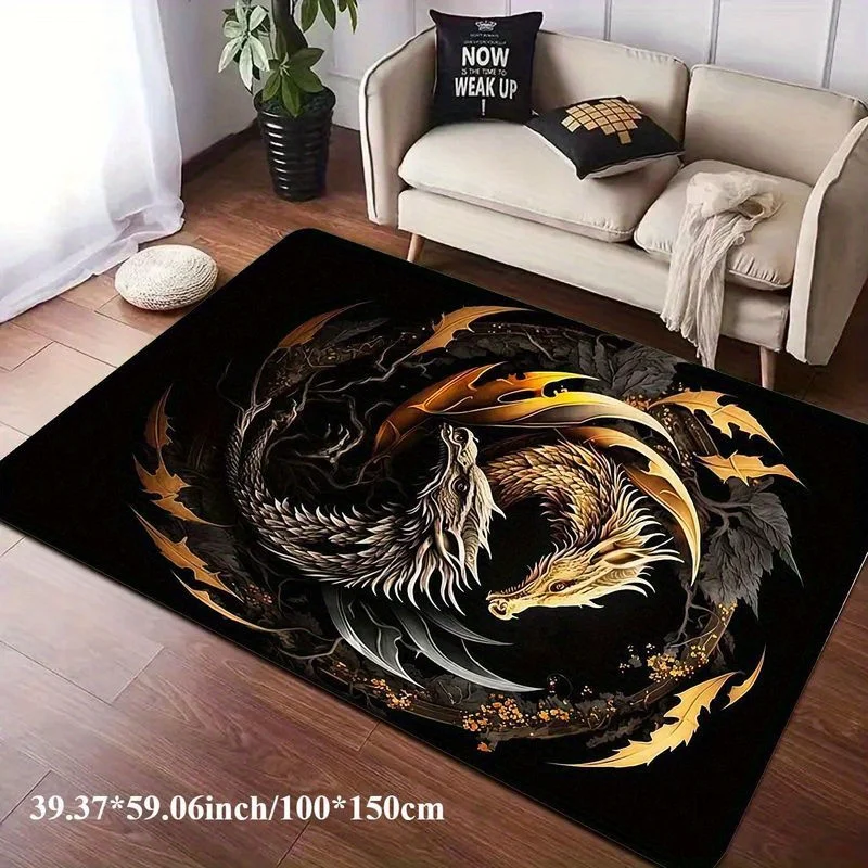 Flannel Printed Yin Yang Dragon Rug Golden and Silver Design Soft Fleece Floor Mat Living Room Carpet Mythical Art Decor Rugs