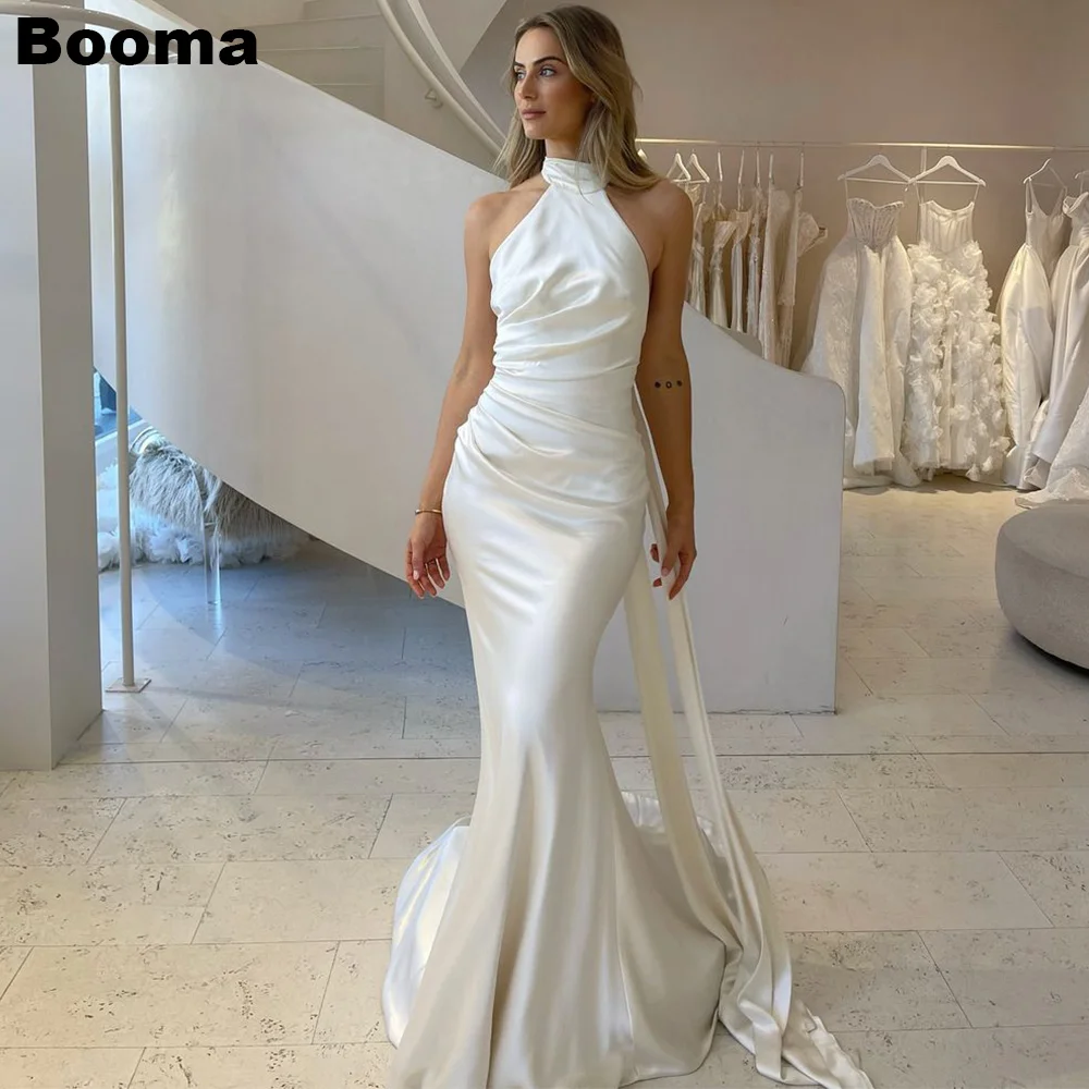 

Booma Simple Mermaid Wedding Dresses Halter Sleeveless Satin Brides Party Dresses for Women Sweep Train Evening Gowns