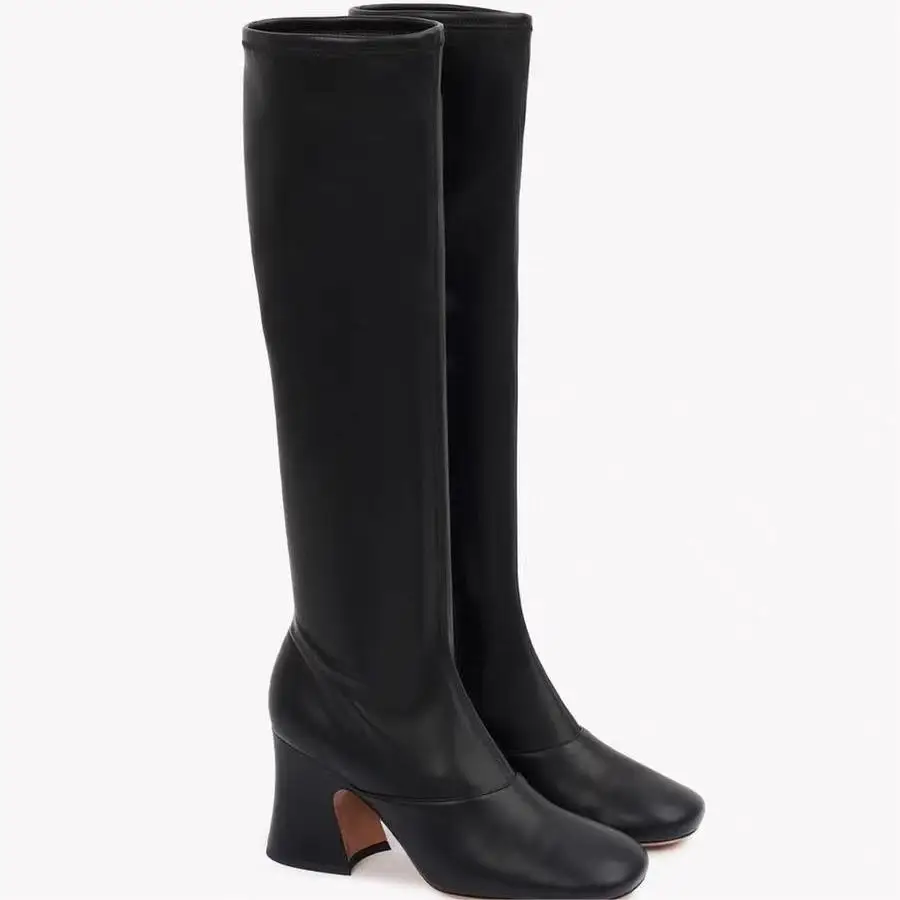 

Women Black Stretch Knee High Boots Round Toe Block Heel Pull On Comfortable Casual Office Autumn Winter Fashion Long Boots