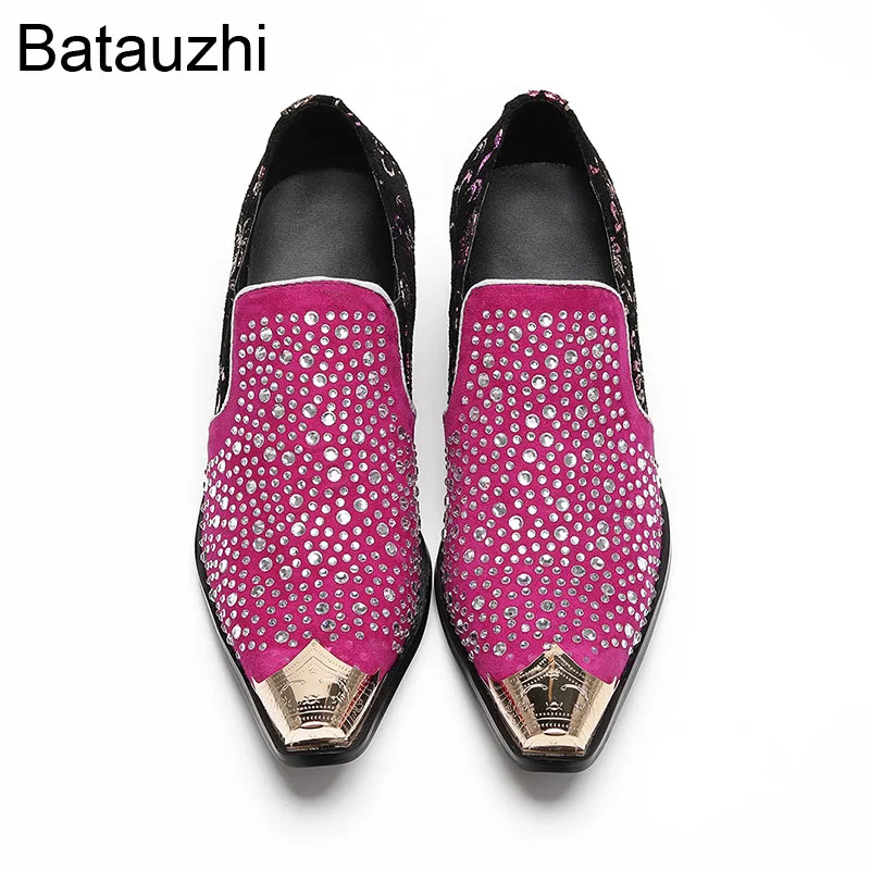 Batzuzhi Modne Męskie Buty Wsuwane z Cyrkoniami Skórzane Eleganckie Buty Męskie Fioletowe Skórzane Buty na Imprezę i Ślub dla Mężczyzn! US6-12US6-12
