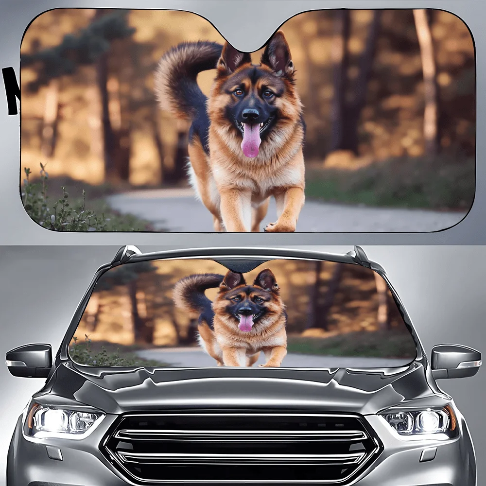 A Brown And Black Dog Is Sprinting Along A Dirt Path, While Car Sunshades And A Front Window Cover For Vehicles Are Mentioned, A