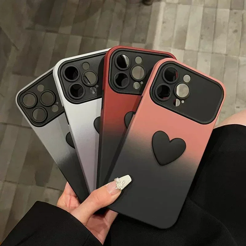 Cute Cartoon 3D Love Heart Gradient  Large Window Case For iPhone 11 15 Pro Max 14 13 12 Pro Max Soft Silicone Shockproof Cover