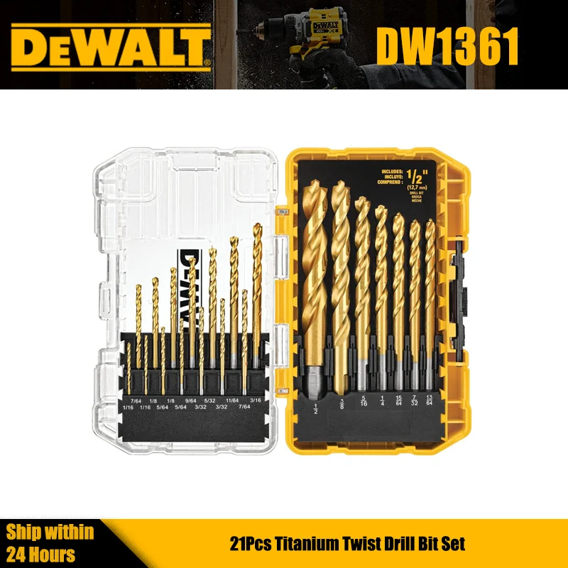 dewalt-dw1361-titanium-drill-bit-set-21pcs-pilot-point-woodworking-metalworking-hss-twist-drill-bits-power-tools-accessory