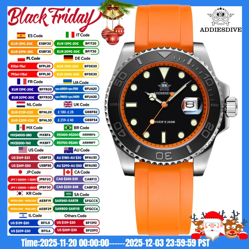 ADDIESDIVE AD2040 NEW Fasion Sport Watch TPU Watch Band 20Bar Waterproof BGW9 Super Luminous Watch For Men Quartz Montre Homme