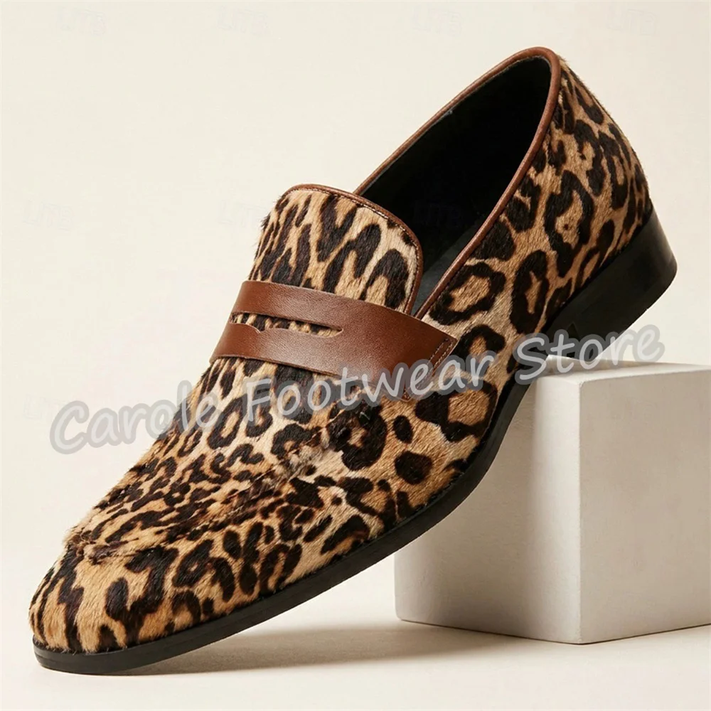 Vintage Leopard Print Leather Loafers Male Round Toe Chunky Heel Shallow Slip-On Casual Mules Business Formal Party Dress Shoes