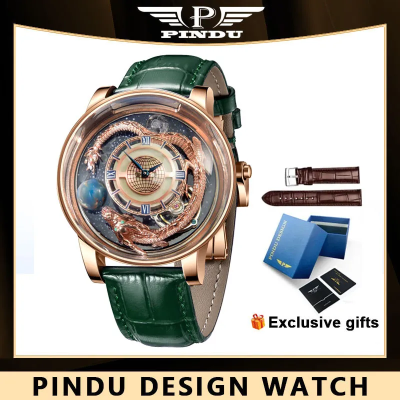 

PINDU DESIGN 46MM Men Watch Top Brand Gold Loong Rotating Dial Earth Theme Quartz Wristwatches Montre Homme Jacob Relogio P6532