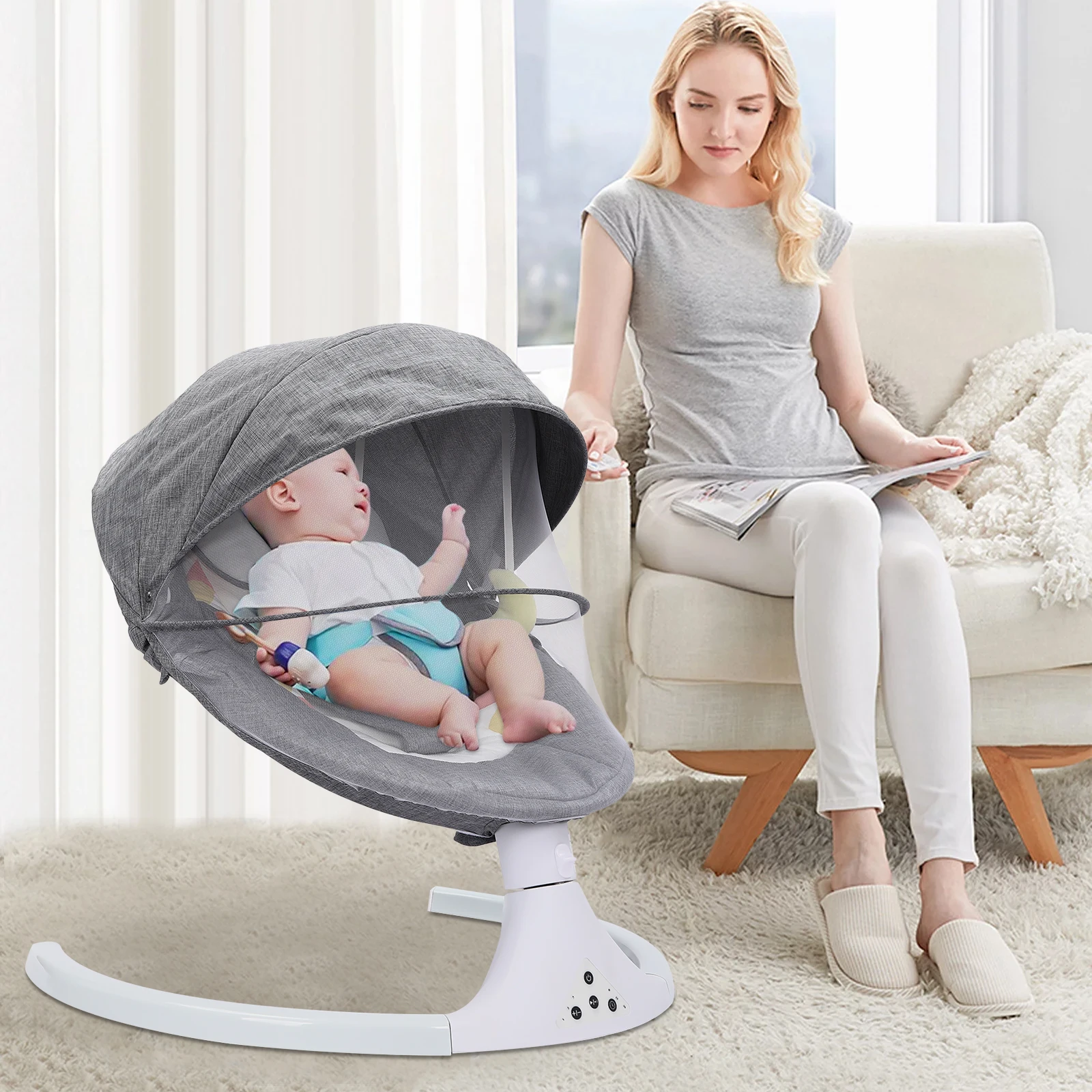 Baby Rocker Foldable Electric Baby Swing with Music Rocking Rocker 5Speed Amplitude Modulation Intelligent Timing Cradle