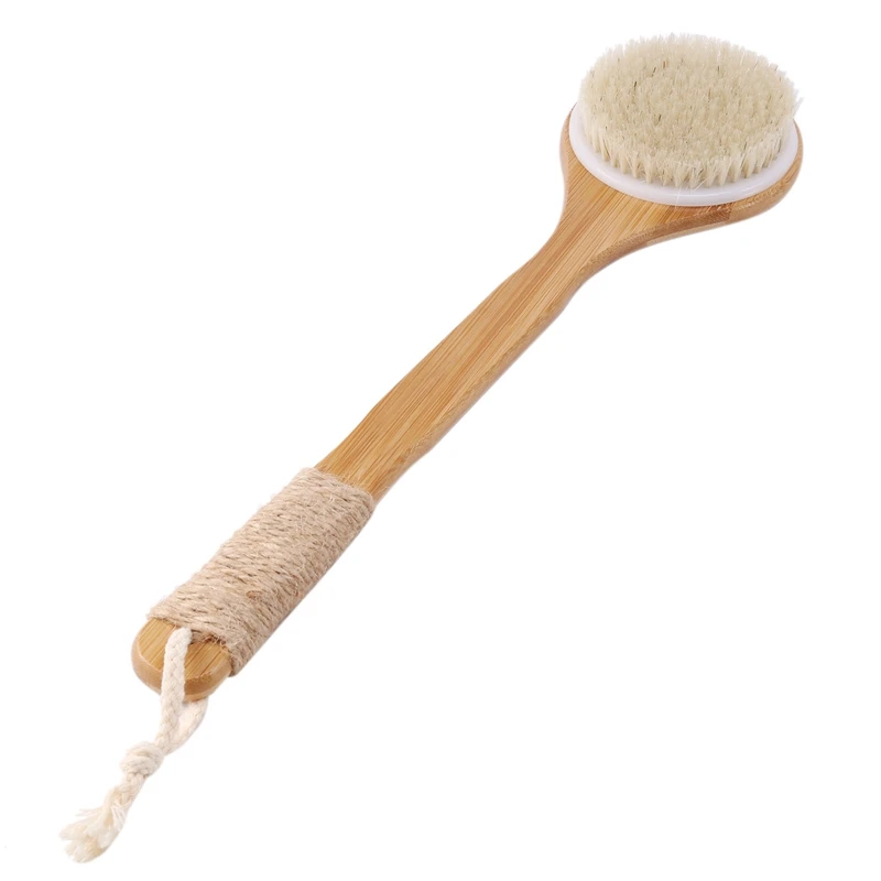 2X spazzola per il corpo in pelle secca spazzola esfoliante per bagno setole naturali Scrubber per la schiena con manico lungo in legno