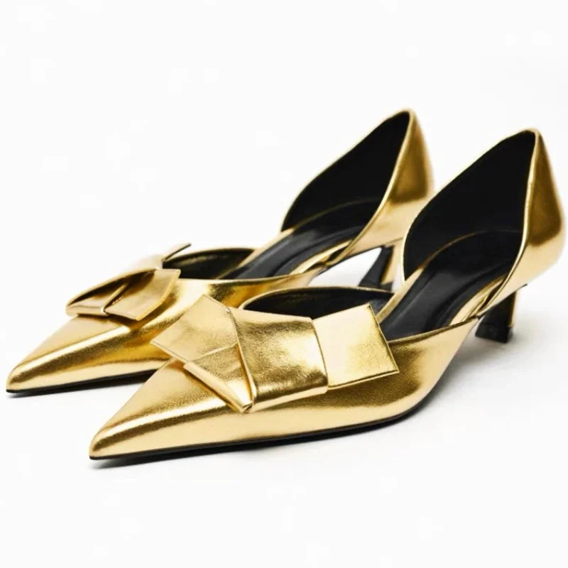 Fashion Pointed Toe High Heel Sandals Women Low Heel Luxury Party Dress Shoes Shallow Gold Slingback Sandals Mules Pumps Women