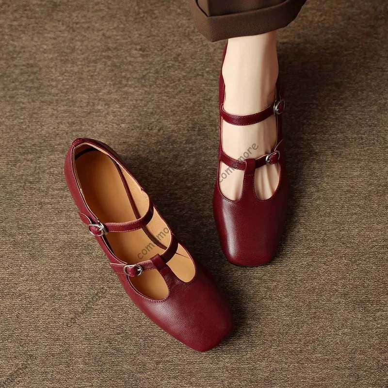 

Square Toe Mary Janes T-Strap Double Buckle Casual Shoes Retro Style Soft Leather High Heel Pumps for Ladies Zapatos De Mujer