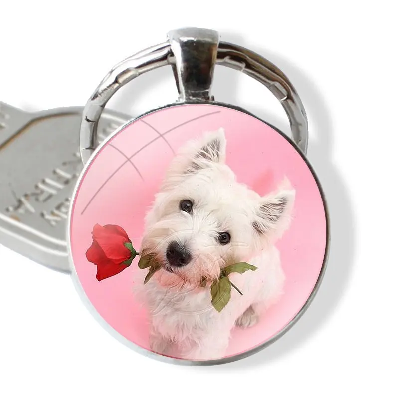 Westie Terrier Dog Puppy Highland Terrier Keychain Handmade Glass Cabochon Key Ring Holder Pendant Key Chains