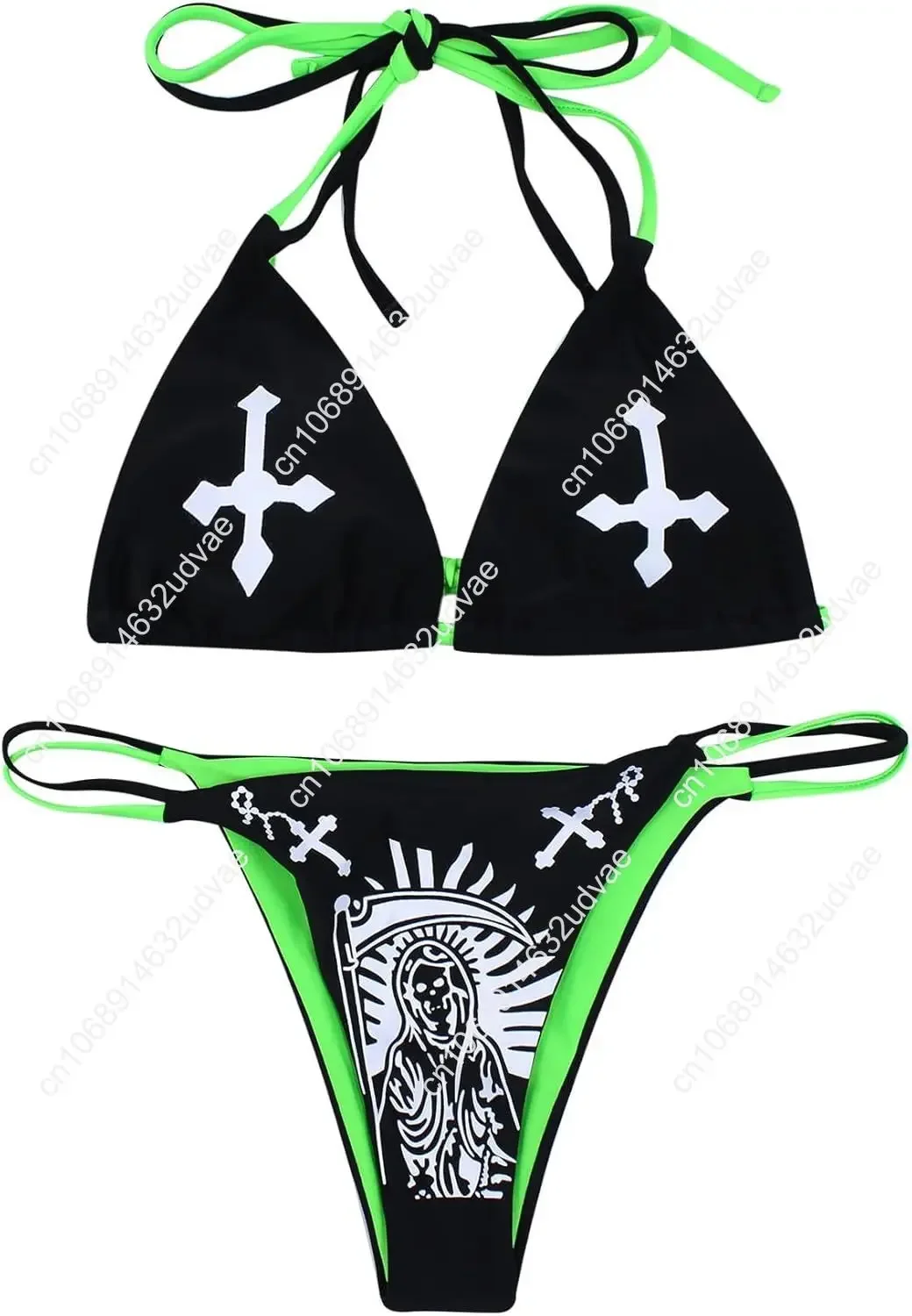 

Black Front Criss Cross Women Funny Skull Letter Print Goth Bikini Set 2 Piece Neon Bandeau Swimsuit