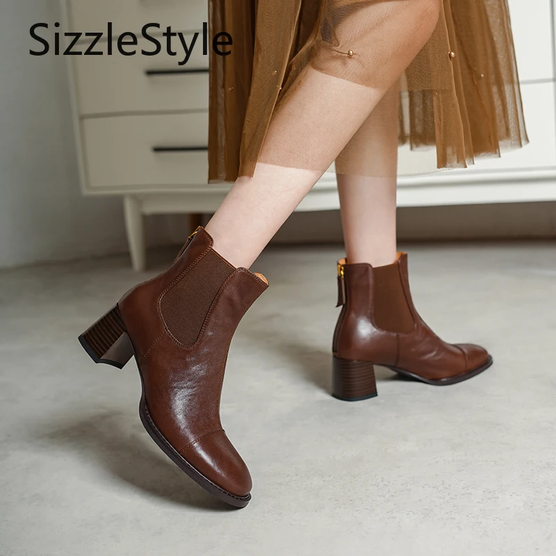 المرأة العصرية جلد طبيعي بسيط خياطة التباين خياطة سترتش كعب مكتنز أحذية الكاحل