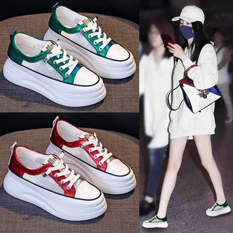 

Women's Thick Bottom Platform Sneakers Real Leather High Top Color Block Casual Shoes Korean Style round Toe Daily Wear