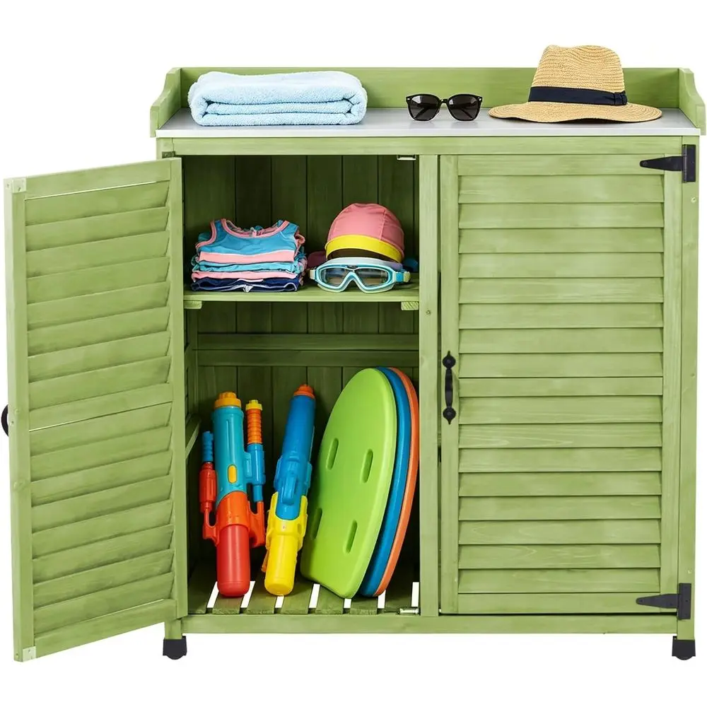 Outdoor Potting Bench with Metal Work Top,Waterproo Garden Storage Cabinet,Wooden Tool Station Shed or Backyard,Patio,Lawn Garde