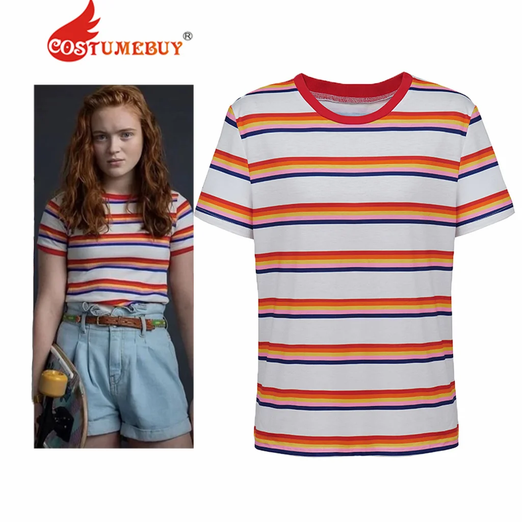 Max Striped T-shirt Max Mayfield Cosplay Costume Women Girls Rainbow T-shirt Mad Max Costume Cosplay Top for Halloween