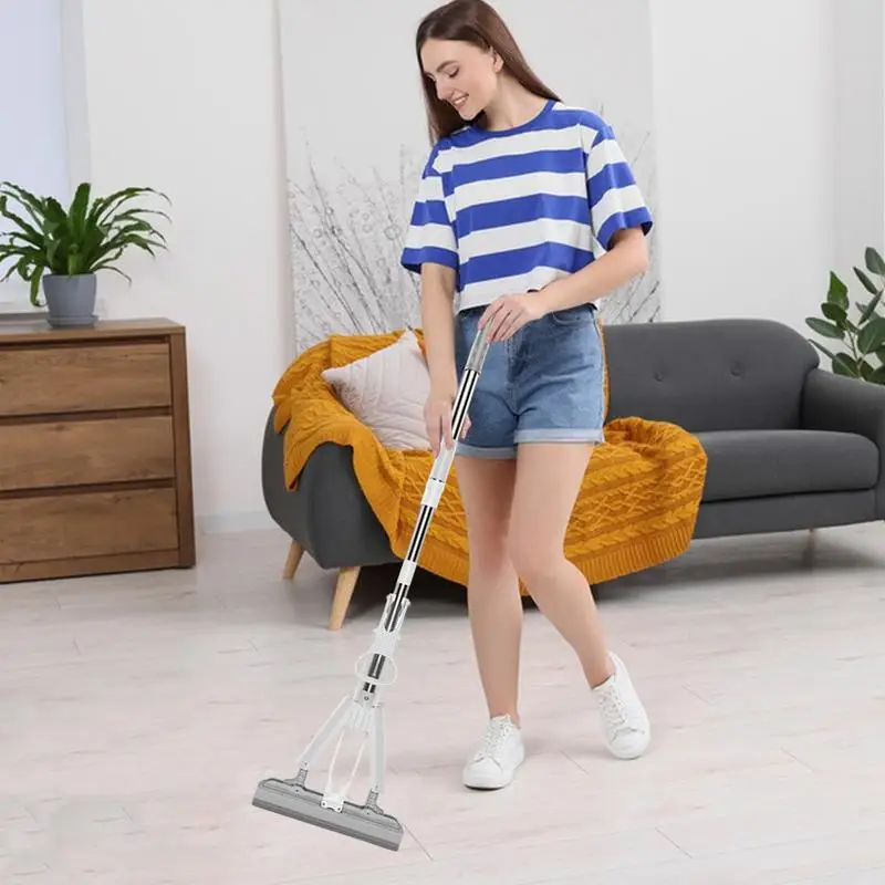 Hand Mop Self-Squeeze Sponge Roller Mop Portable Mop with 2pcs sponge heads Wet or Dry Foldable Roller Mop for Cleaning floors